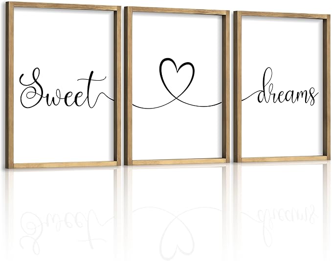 Ronasip Sweet Dreams Wall Decor for Bedroom Set of 3 Framed Wall Art for Farmhouse Rustic Home Master Bedroom Decor (11”x14”, Brown)