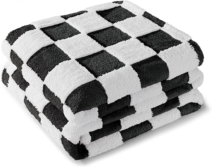 Exclusivo Mezcla Checkered Throw Blanket, Super Soft and Warm Fluffy Fleece Blanket for Couch, Sofa, Bed, Cute Plaid Pattern, Black, 50" x 60"