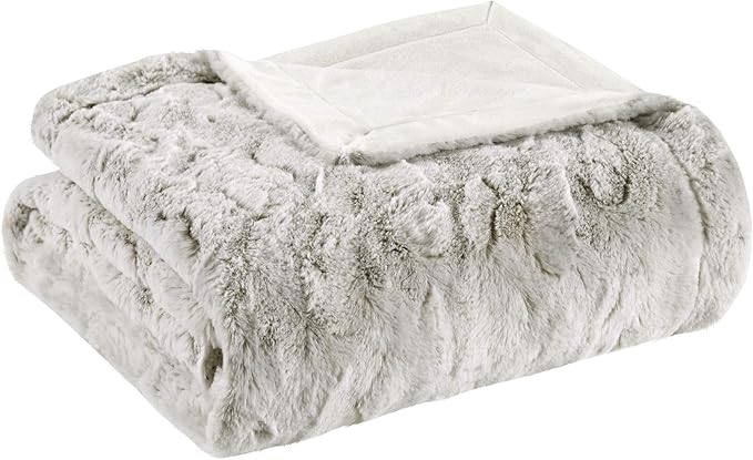 Madison Park Zuri Soft Plush Luxury Oversized Faux Fur Throw Animal Stripes Design, Faux Mink On The Reverse, Modern All Seasons Blanket for Bed, Sofa Couch, Office, Snow Leopard, 60x70