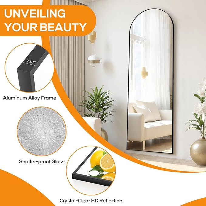 Mirror Full Length, Upgraded Body Wall Mirrors with Shatter-Proof Glass, Floor Standing, Hanging or Leaning, Tall Mirror with Stand Aluminum Alloy Frame for Bedroom Cloakroom