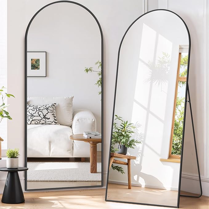 Full Length Mirror 68"x26" Full Body Mirror Arched Free Standing Wall Mounted Leaning Floor Mirrors with Stand Aluminum Alloy Frame for Bedroom Cloakroom, Black
