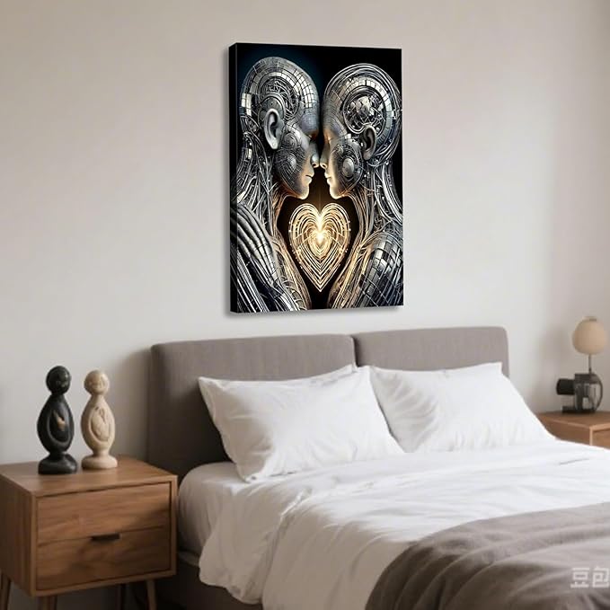 Framed 3D Love Wall Art Canvas Mural Futurist Gallery Couple Fantasy Robot Romantic Poster Art Bedroom Living Room Office Game Room High tech Aesthetic Decoration 16x24 inches