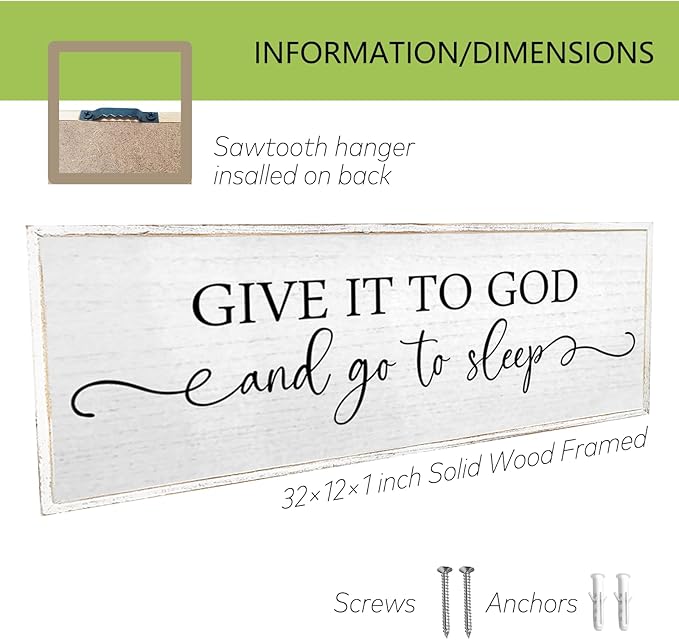 Give It To God And Go To Sleep Wall Decor Sign 32"X12" Master Bedroom Above Bed Wood Framed Farmhouse Rustic Large Over Bed Wall Art Hanging Decoration (White)