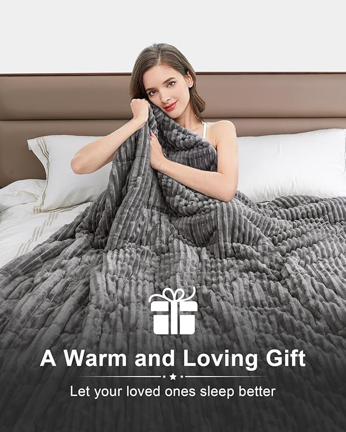 Sherpa Fleece Adult Weighted Blanket with Ribbed Stripes, 15 Pounds Dual Sided Soft Plush Blanket for Couch Bed Sofa, Heavy Thick Blankets with Ceramic Beads Great for Sleep, Grey, 48" x 72"