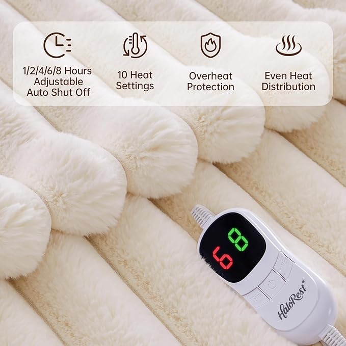 Heated Blanket Full Size, Faux Fur Cozy Heating Blanket with Overheat Protection, 1/2/4/6/8 Hours Auto-Off 10 Heat Level, Machine Washable (72x84 Inches, Cream White)
