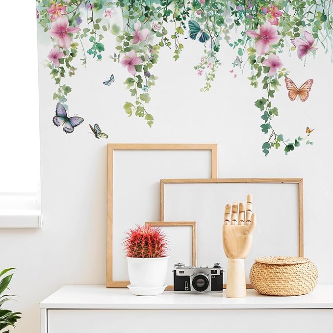 TUOKING Vines Flowers Wall Stickers Removable Butterfly Wall Murals Peel and Stick Wall Art Decal Home Decor for Kitchen,Bedroom,Living Room(fun-c20)
