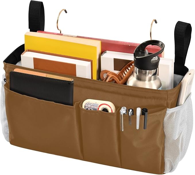 DOMIKING Brown Bedside Caddy for Dorm Bed Recliner Armrest Organizer with Hooks Haning Storage Bags for Rails Headboards Bunk Bed