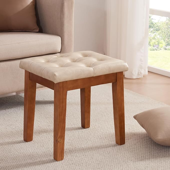 Upholstered Ottoman Stool with Padded Seat, Tufted Vanity Stool with Solid Wood Legs, Accent Stools, Faux Leather Ivory
