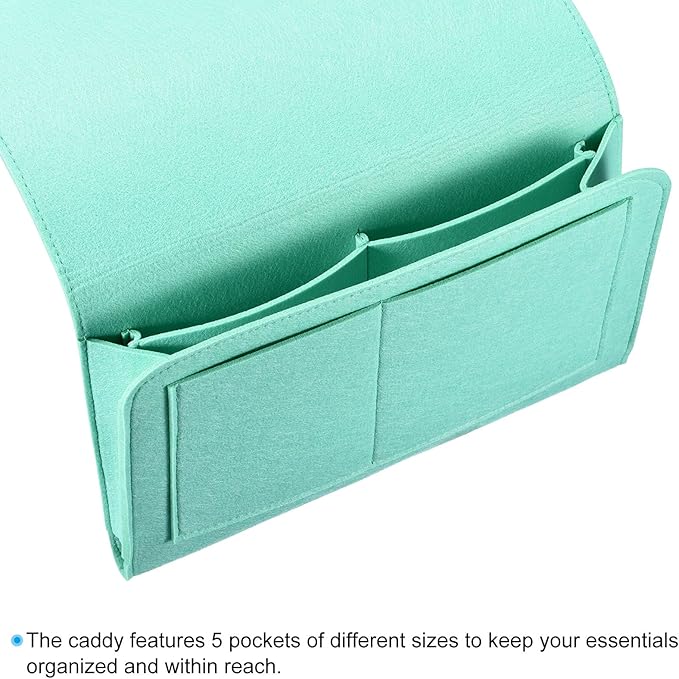 PATIKIL 13in Bedside Caddy, Bed Caddy Bedside Organizer Hanging Soft Felt 5 Pockets Bed Pockets Bedside Storage Organizer Remote Control Holder for Bedroom Phones Glasses, Green