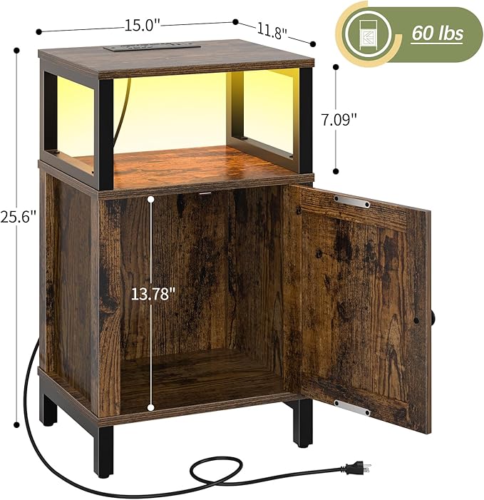 Yoobure Farmhouse NightStand with Charging Station，Wood Night Stand End Table with USB Ports, LED Bed Side Table with Storage Cabinet，Bedside Table for Bedroom, Living Room Rustic Brown