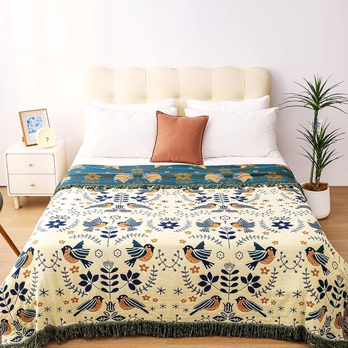 Boho Large Throw Blanket for Bed, 100% Muslin Cotton Soft Breathable Throw-Floral Bird Rustic Decor Blanket for Couch Sofa Quilt and Gift, 60" x 80"-Teal/Beige