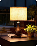 Small Table Lamp, 14.2" Cute Little Desk Lamp, Wood Bedside Lamp with Linen Lampshade, Modern Nightstand Lamp for Bedroom, E26 Base, Bulb Not Included, Beige & Dark Walnut STE09TL05