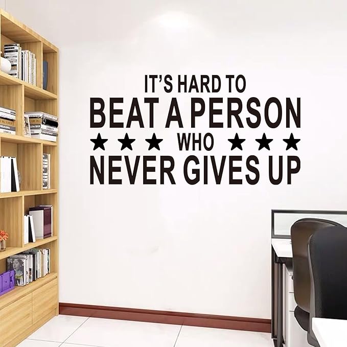 AnFigure Office Quotes Wall Stickers: Inspirational Gym Vinyl Art Wall Decals for Garage Classroom School Workspaces - It's Hard to Beat A Person Who Never Gives Up 21"X11"
