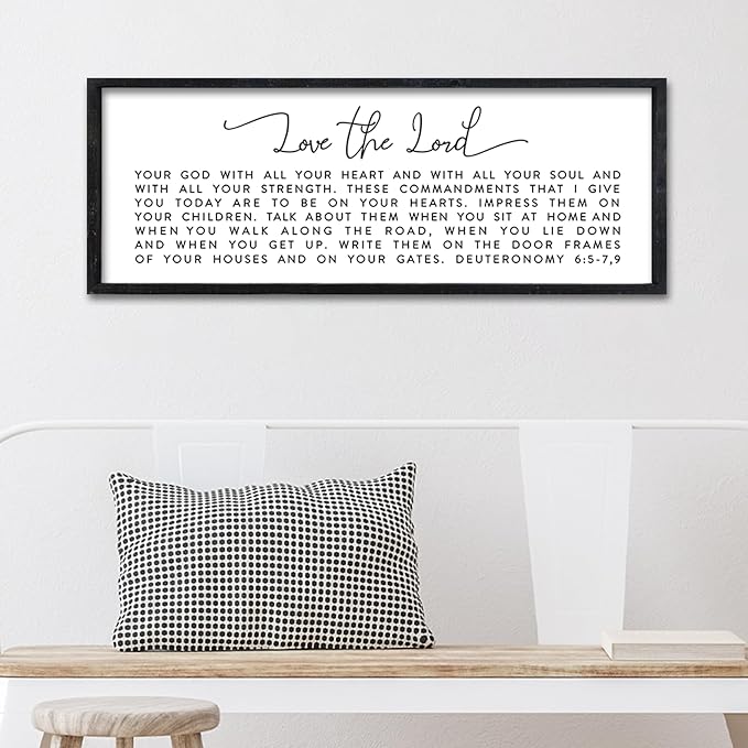 Surfapans Bible Verse Wall Decor Love The Lord Your God sign 32"×12" Christian Scripture Faith Deuteronomy 6:5-7,9 Religious Baptism Large Family Plaque Horizontal Wood Framed Hanging Art (Black)