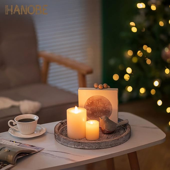 Hanobe Candle Plate Holder Tray: Decorative Wooden Tray Rustic Round Plate Farmhouse Centerpiece Small Candle Holder Trays for Coffee Table Living Room Kitchen Vintage Home Decor