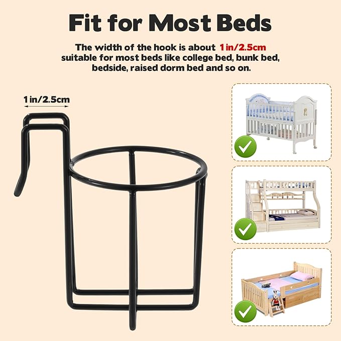 2 Pcs Cup Holder for Bed, 3.3" Diameter Metal Bedside Drink Holder Water Bottle Organizer for Car Dormitory Bunk Bed Office Desk Partition, Black