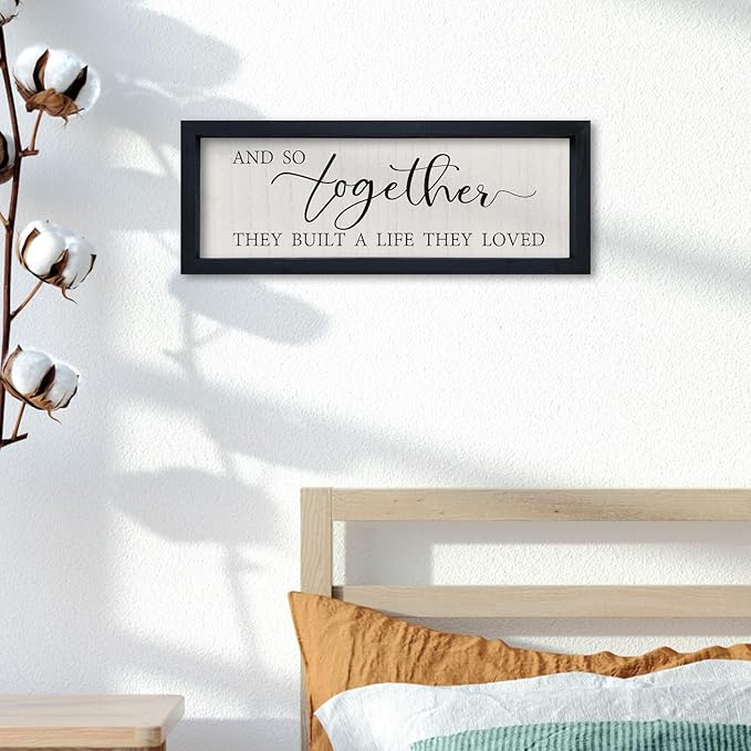 comurdyo And So Together They Built a Life They Loved Wall Sign Decor 16"×6" Above Bed Master Bedroom Wood Framed Hanging Wall Art (Black)