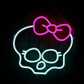 Skull Neon Sign for Room Decor Monster High Neon Light LED Skull with bow Sign Neon Sign for TV Series Fans Gifts Man Cave Wall Decor Dormitory Decoration USB Powered Dimmable 13"*12.6"