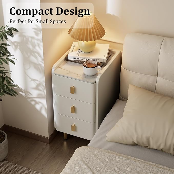 AQIMUELE Narrow Nightstand with Drawers, Narrow Side Table Leather, Small Bedside Tables for Bedroom. (White)