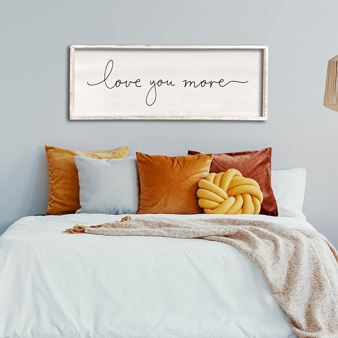 comurdyo Minimalist Love Quotes Love You More Wall Decor 40"×15" Small Modern Above Over Bed Bedroom Romantic for Rustic Couples Framed Wood Sign Horizontal Hanging Wall Art Decor (White)