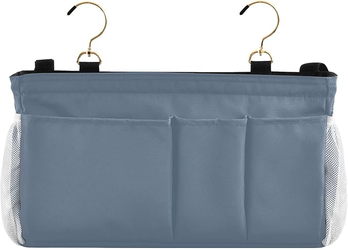 DOMIKING Dusty Blue Bedside Caddy for Dorm Bed Recliner Armrest Organizer with Hooks Haning Holder for Magazine Tablet Phone