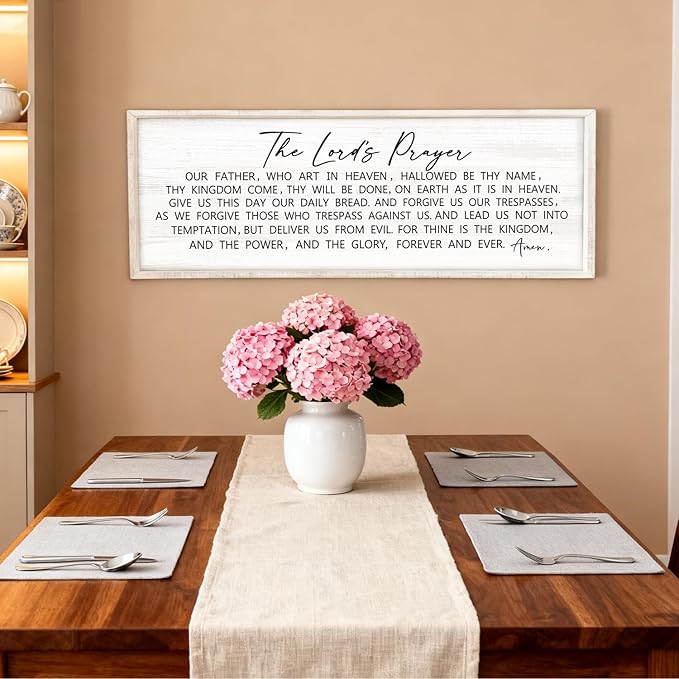 Our Father Prayer Bible Verse Framed Wall Art, 40''×15'' White Horizontal Religious Christian Lords Prayer Sign for God Jesus Christ Prayer, Rustic Holy Inspirational Catholic Scripture Decor