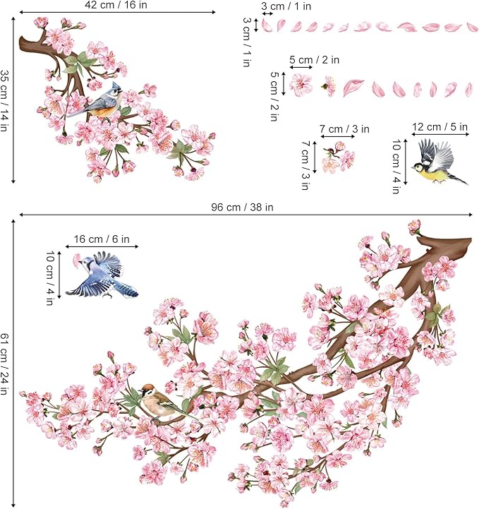 decalmile Cherry Blossom Branch Wall Decals Pink Floral Birds Wall Stickers Bedroom Living Room Sofa TV Background Wall Decor