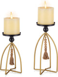 Romadedi Candle Holder Boho Decor - Set of 2 Metal Pillar Candle Stand with Beads for Living Room Mantle Shelf Farmhouse Table Centerpiece for Rustic Chic Home Decoration