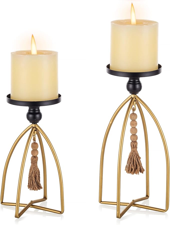 Romadedi Candle Holder Boho Decor - Set of 2 Metal Pillar Candle Stand with Beads for Living Room Mantle Shelf Farmhouse Table Centerpiece for Rustic Chic Home Decoration