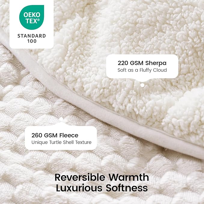 Super Fuzzy Soft Fleece Sherpa Weighted Blanket 15 lbs for Adults, 3D Imitation Turtle Shell Luxury Weighted Throw for Better Sleep, Dual Sided Cozy Blankets for Couch Bed, Cream White, 48" x 72"