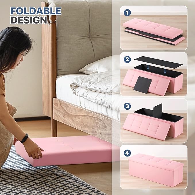 MoNiBloom 43 Inch Storage Ottoman Bench, 34 Gal. Folding Ottoman Footrest, End of Bed Bench, Rectangle Foot Stool, Supports 600 lbs, for Bedroom, Living Room, Entryway, Hallway, Light Pink