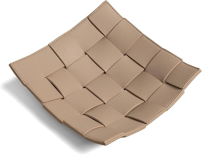 Hand Woven Valet Tray for Men Women, Vanity Catchall for Dresser Top Desk Storage Bedside, Leather Holder for Jewelry Key Phone Watches Candy Sundries Entryway, Ivory