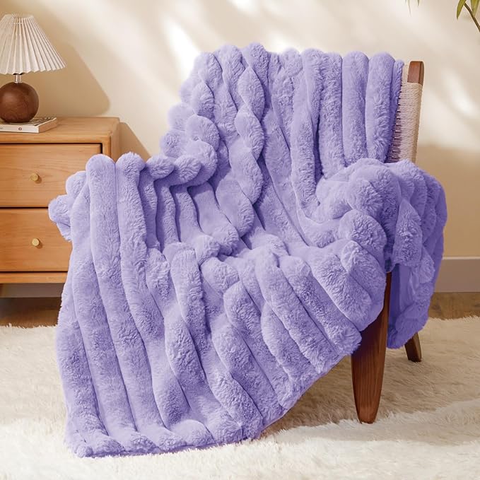 BEDELITE Faux Fur Throw Blanket for Couch, Soft and Cozy Luxurious 3D Striped Purple Fluffy Blanket, 770GSM Thick Warm Plush Fuzzy Faux Rabbit Fur Blanket for Women Gift (Lavender, 50"x 60")