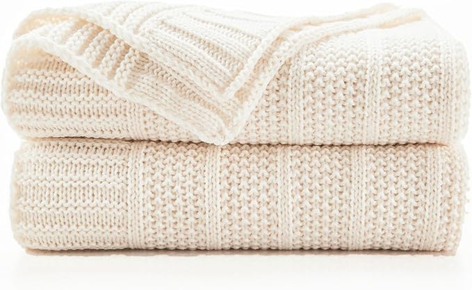 Douceur Cream Throw Blanket for Couch, Soft Cozy Lightweight Stripe Pattern Knitted Throw Blanket for Sofa, Living Room, 50"X60"