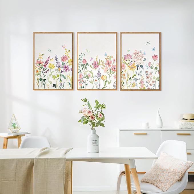 CHDITB Wildflower Framed Canvas Wall Art Set Of 3,Flower Artwork Modern Floral Wall Decor, Watercolor Nature Wall Painting, Minimalist Butterfly Art Prints For Bedroom Living Room Office Decor-12”X16”