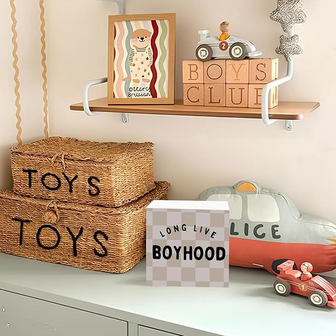 Lacama Boys Room Decor Wooden Box Sign, Long Live Boyhood Decorations Wood Block Signs, Retro Neutral Checkered Wood Sign for Toddler Boys Nursery Room Bedroom Desk Shelf Wall Decor 5x5 In