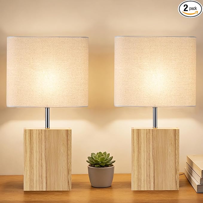 lapupu 23" Wood Table Lamp Set of 2 for Living Room, Modern Bedside Lamps for Bedroom, Large Farmhouse Nightstand Lamp, Desk Lamps for End Table Home Decor, Natural Wood