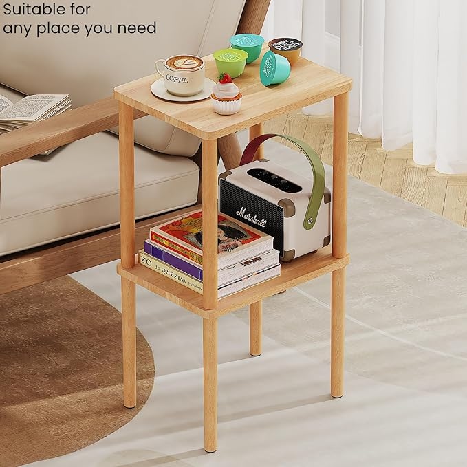 Solid Wood Side Table, 2-Tier Tall End Table with Storage Shelf, Small Nightstand Bedside Table for Bedroom, Living Room, Kids Room & Small Spaces, No-Tool Assembly,(Natural)