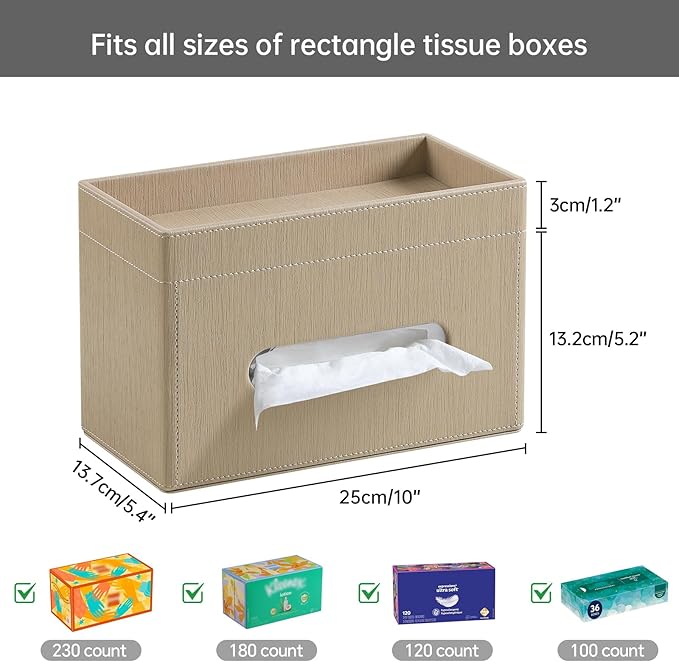 Plus Size Tissue Box Cover Rectangle, PU Leather Tissue Box Holder with Storage Tray, Decorative Organizer Tissue Holder for Bathroom, Bedroom Dresser, Night Stand, Office (Wooden Color)