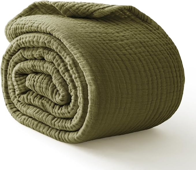 100% Cotton Muslin Blanket King 108" x 90", Breathable and Lightweight Cotton Throw Blanket for Bed, Soft Cooling Summer Gauze Blanket for Adults All Season, Olive Green