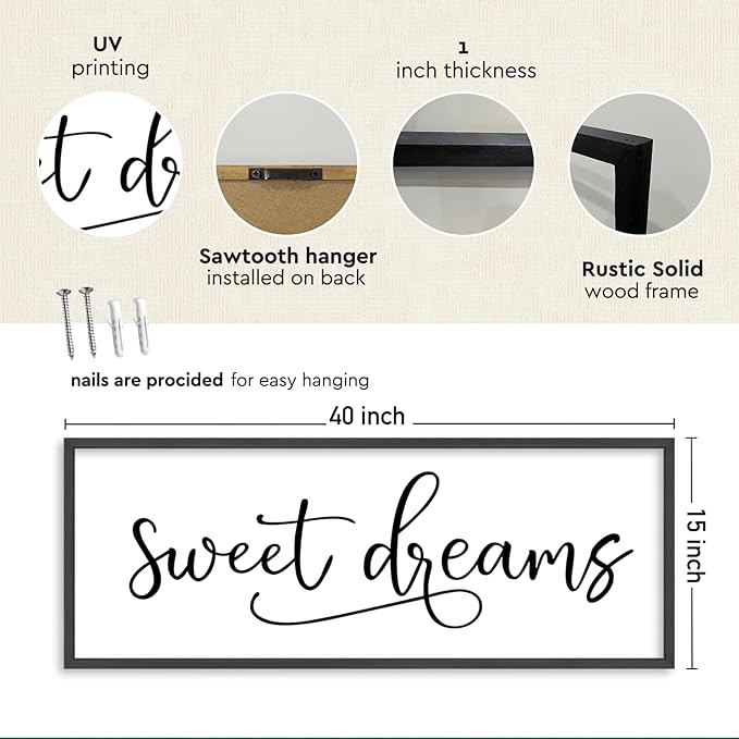 YWJKWLGS Sweet Dreams Wall Decor Sign 40x15 Inch Handwritten Art for Bedroom & Kids Room 40x15 Inch Above Over Bed Rustic Modern Farmhouse Large Wooden Framed Wall Hanging Art (Black)