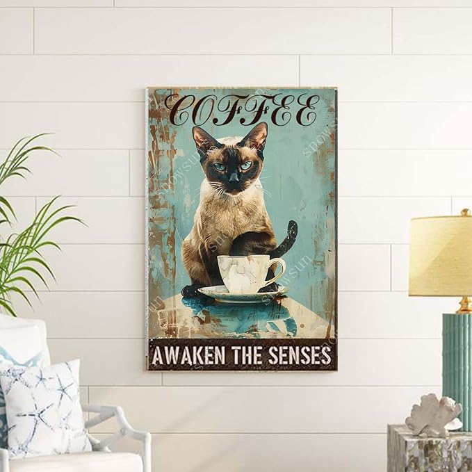 snowsun Funny Drink Coffee Cat Vintage Metal Tin Sign Aluminum Metal Signs Retro Metal Sign Bar Cafe Restaurant Room 8X12 Inches