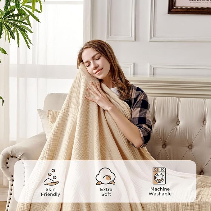 Joydeco 100% Cotton Muslin Throw Blanket for Couch Bed and Sofa, 4-Layer Lightweight and Breathable Soft Gauze Blanket for All Season, Luxury Throws Cotton Blanket Gift(Light Tan, 50"x70")