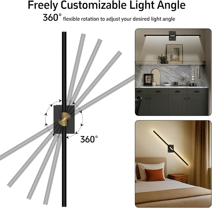 Wall Sconce Battery Operated Wall Light: 10000mAh Wireless Wall Sconces with Remote Control, 360° Rotate Rechargeable Wall Scone for Bedroom Living Room Bathroom Hallway, 31.5 Inch, Black