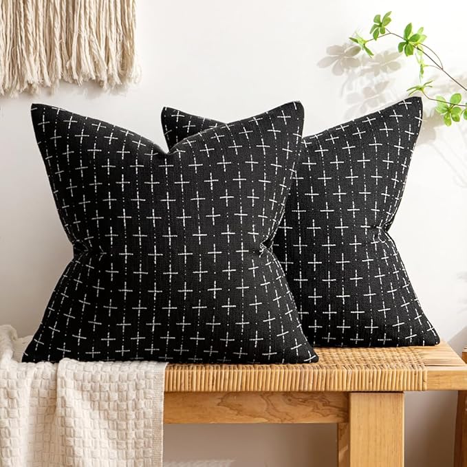 MIULEE Pack of 2 Decorative Burlap Linen Throw Pillow Covers Modern Farmhouse Vintage Pillowcase Rustic Woven Textured Cushion Cover for Sofa Couch Bed 18x18 Inch Black