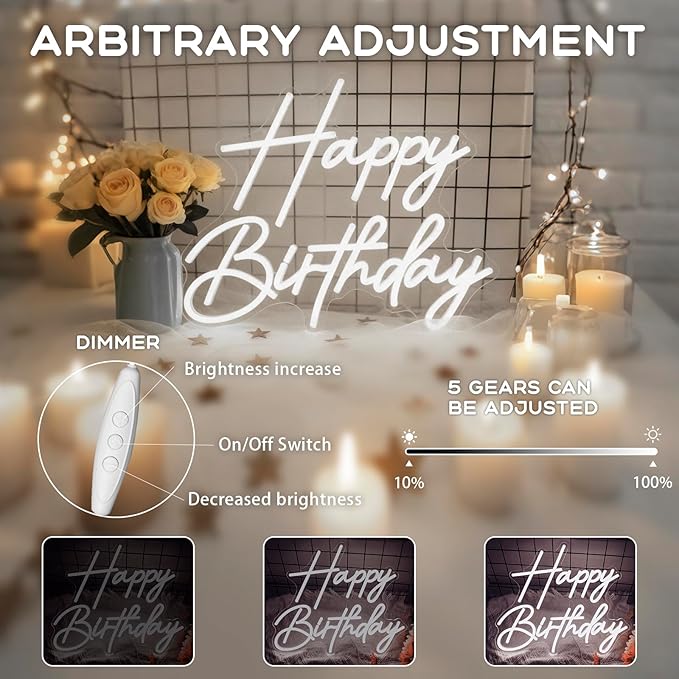 Happy Birthday Neon Sign for Wall Decor, Dimmable LED Happy Birthday Light Up Sign, Happy Birthday Sign for All Birthday Party Decoration Backdrop and Any Ages Bday Celebration, White