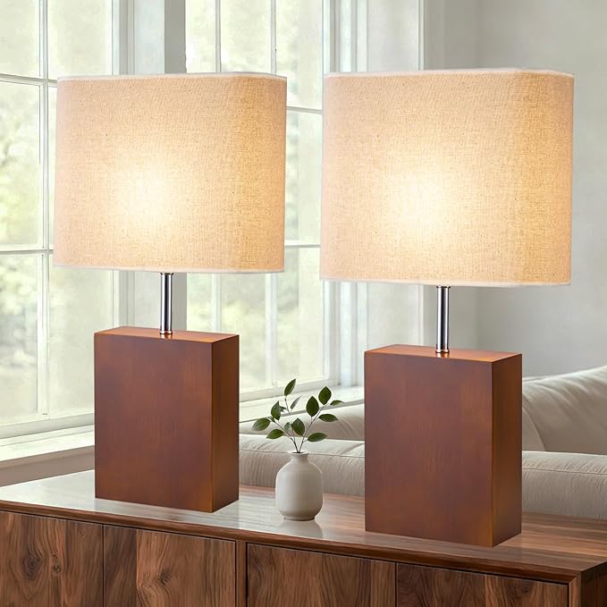lapupu 23" Wood Table Lamp Set of 2 for Living Room, Modern Bedside Lamps for Bedroom, Large Farmhouse Nightstand Lamp, Desk Lamps for End Table Home Decor, Walnut Wood