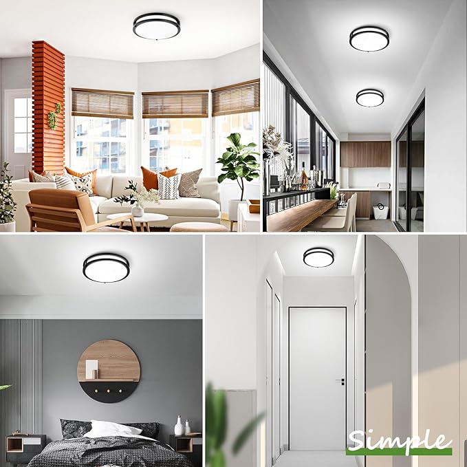 GoBright 4-Pack 36W LED Flush Mount Lights, 3200LM Black Ceiling Fixtures, 5 Color in One (2700K/3000K/4000K/5000K/6500K), 12'' Modern Round Ceiling Lamp for Kitchen, Hallway, Stairwell, Offices