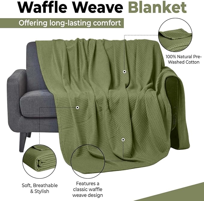 100% Cotton Blankets for Bed - Waffle Weave Blankets for Summer, Lightweight and Breathable Soft Woven Blanket for Spring (Olive Green, Queen (90" x 90"))
