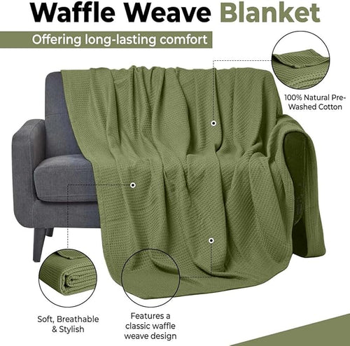 100% Cotton Blankets for Bed - Waffle Weave Blankets for Summer, Lightweight and Breathable Soft Woven Blanket for Spring (Olive Green, Queen (90" x 90"))